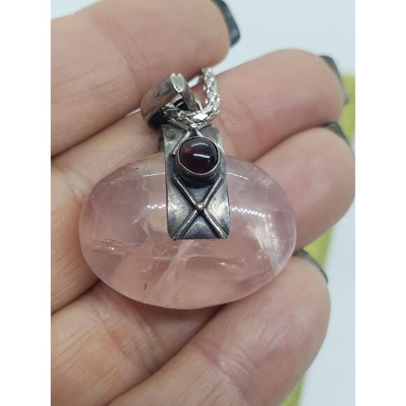 Sterling Silver 925 Rose Quartz & Garnet Cabochon Necklace On Snake Chain - Picture 6 of 13